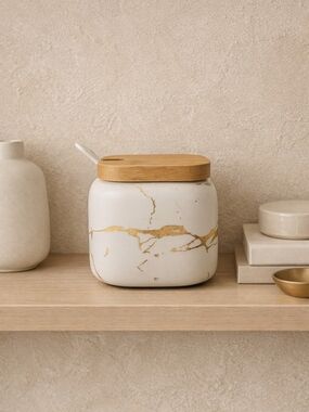 Marble Ceramic Sugar Jar with Bamboo Lid - White & Gold